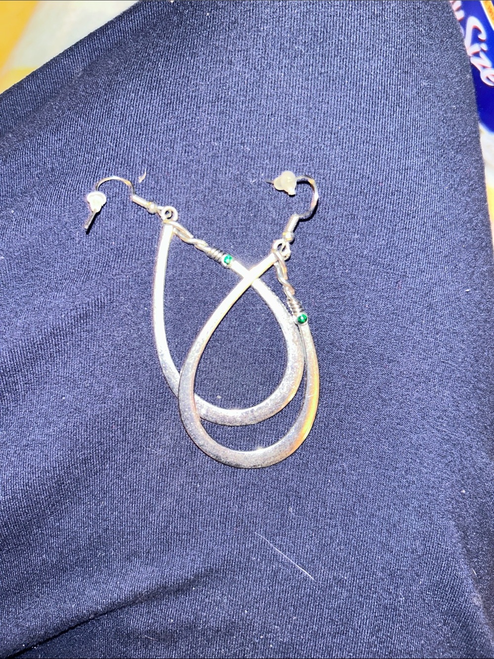 Silver Teardrop Dangle Earrings with Green Accent - Women Jewelry